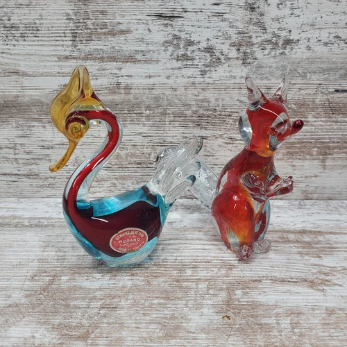 Murano Art Glass Lot Of 2 ~ 6.5" Figures Duck Bird ~ Squirrel Hand Blown Vintage