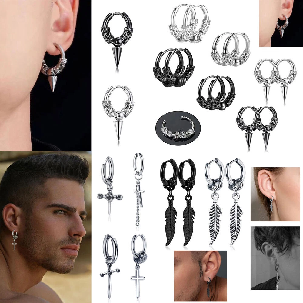 Punk Rock Women Men Earrings Set Black Stainless Steel Cross Hoop Ear Stud Jewel