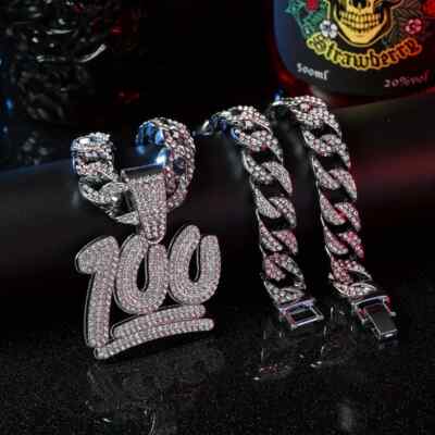 Hip Hop Iced 100 Emoji Pendant 14mm 20'' Iced Cubic Zirconia Chain Bling Necklace