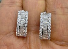 2.20Ct Baguette Cut Real Moissanite Huggie Hoop Earrings 14K White Gold Plated