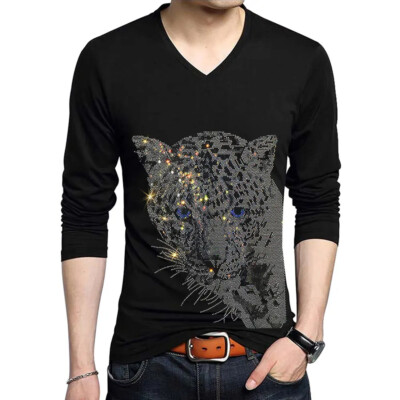 Fashion Trend Leopard Rhinestones Long Sleeve Luxury Men V-Neck T-Shirt
