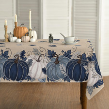 Fall Tablecloth 60 X 84 Inch Rectangular Autumn Harvest Floral Blue Pumpkin Se