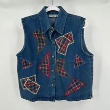Womens Vintage Upcycled Denim Vest Plaid Patchwork Size M Blue Jean Colorful Womens Vintage Upcycled Denim Vest Plaid Patchwork Size M Blue Jean Colorful