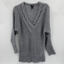 H M Wool Mohair Blend Sweater Size XS Oversized Grey Cable Knit Collar V Neck