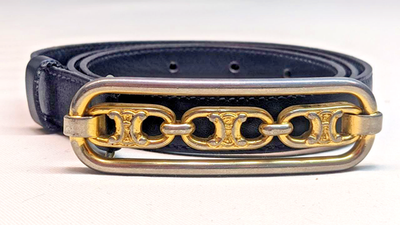 VINTAGE Celine Belt Black Leather Gold Silver Triomphe Logo  display picture 1