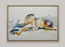 Original kleines Aquarell Kunstwerk - Ausdrucksstarke Studie auf Papier liegend Akt