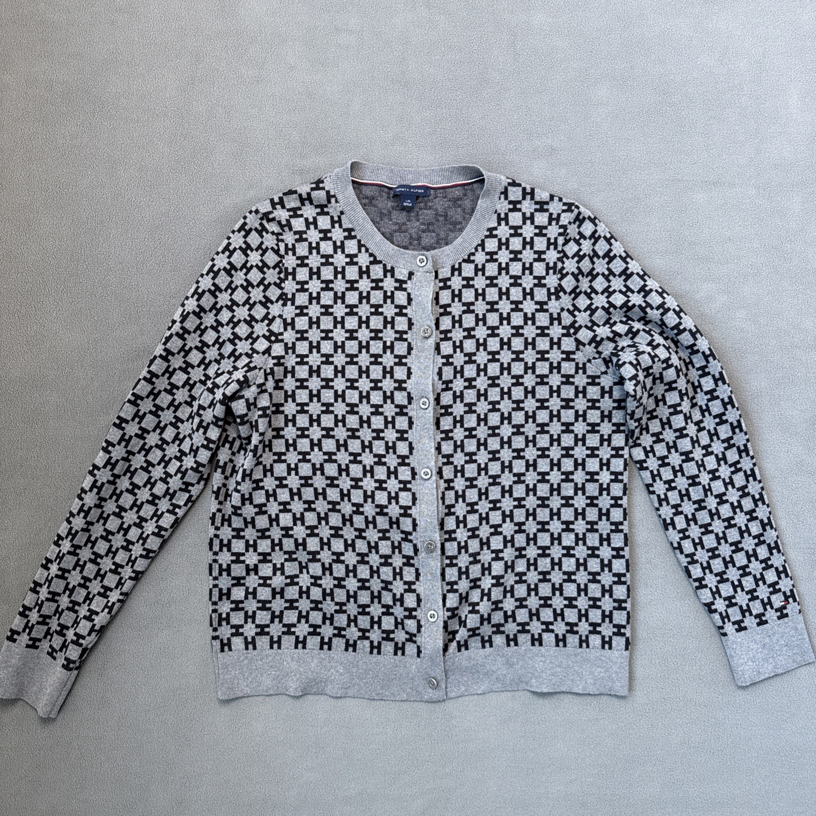 Tommy Hilfiger Womens Gray Logo Cardigan 100% Cotton Long Sleeve Fitted Size Large  