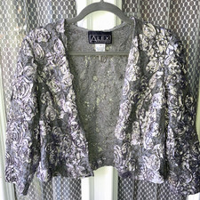 Alex Evenings Lace Ribbon Rosette Sequin Evening Jacket Dark Silver Gray Wedding