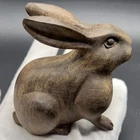 Natural Wood Hand Carved Zodiac Rabbit Statue Home Lucky Ornament Collectible