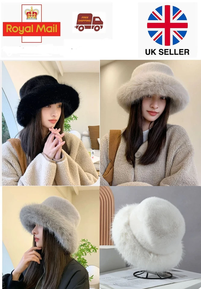 KGM ACCESORIES New Big SUPER FLUFFY TRIM thick Faux fur bucket hat women's winter hats