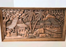 Large Old Thailand Village Wood Carving Art Teak Handcrafted Home Decor