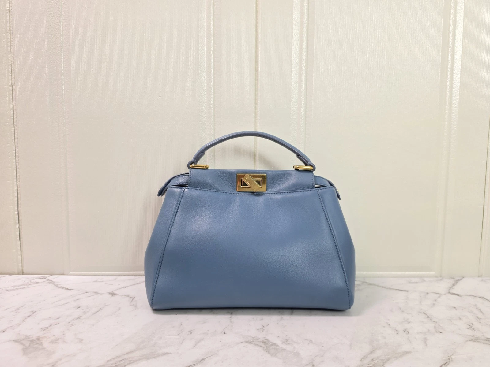 Fendi — Authentic Fendi Peekaboo Mini Blue Calfskin Leather Top Handle Bag No Strap