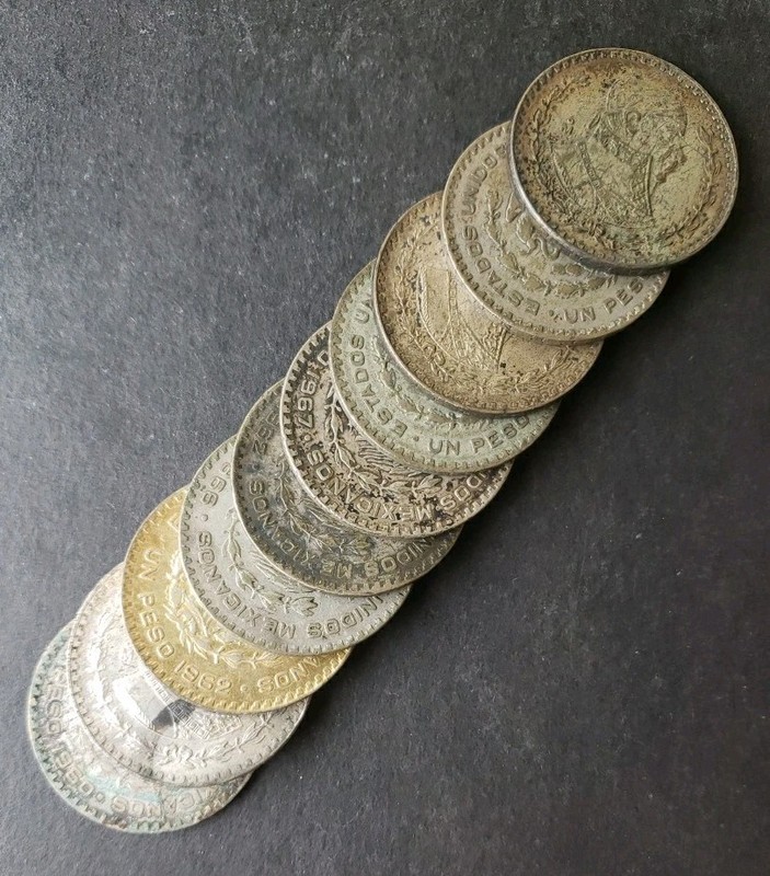 Lot of 10 Mexico One Peso 10% Silver Coins