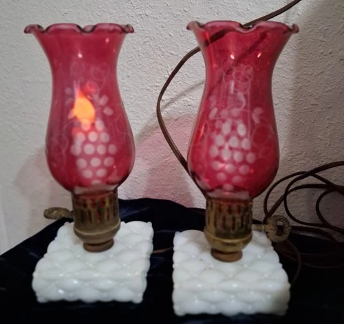Vtg Pr Etched Cranberry Electrc Hurricane Lamps Diamond Quilted Milk Glass Base