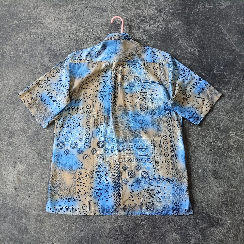 Camisa Vintage Georg Roth Para Hombre M Geométrica Tribal Azul Manga Corta Abotonada Foto 4 de 4