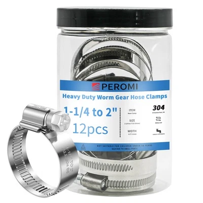 PEROMI 12PCS Heavy Duty Hose Clamps Stainless Steel 304,1-1/4" Hose Clamp to 2" Hose...