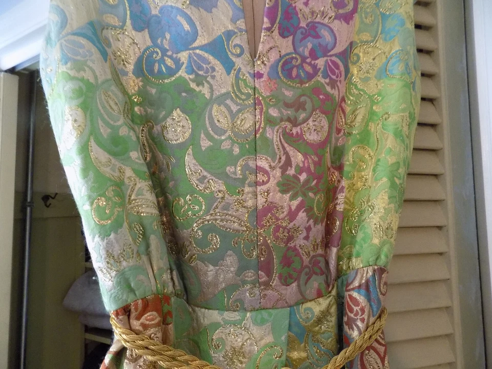 Vtg FAB 60s Joseph Magnin Metallic Tapestry Gold Pink Green Disco Maxi Jumpsuit - Image 4 of 4