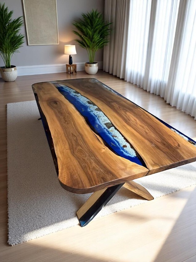 30x60 Walnut Wood Epoxy Ocean Wave Dining Table Kitchen Furniture Home Decor-image