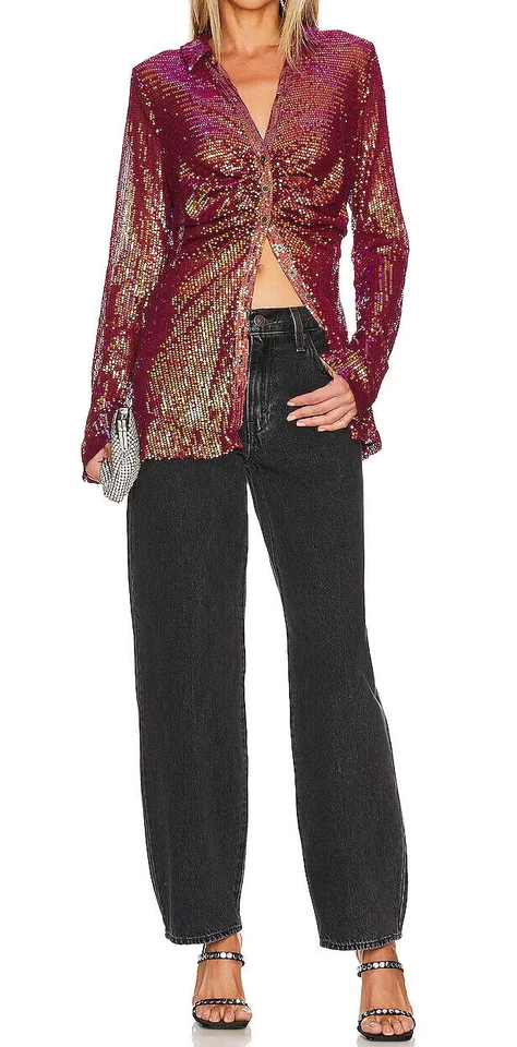 Free People Top Blouse Size UK XS 4 - 6 Sequin Shirtee Semi Sheer Sexy Rhubarb - Image 3 of 4