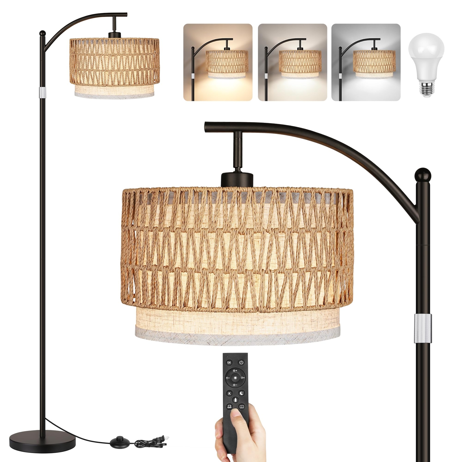 Rattan Floor Lamps for Living Room, Boho Standing Lamps with Rattan& Linen Do...