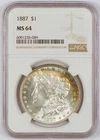 **RAINBOW TONED** 1887 Morgan Silver Dollar Philadelphia Mint Graded MS64 by NGC