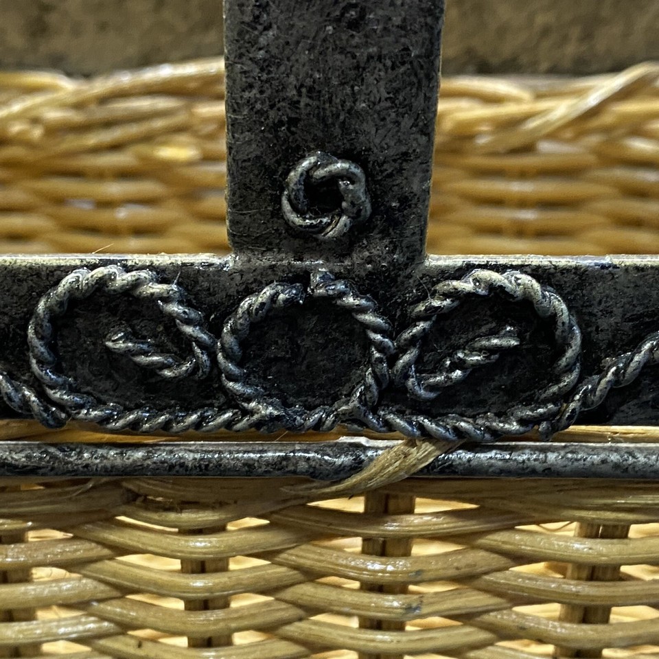 Woven Wood Basket Metal Engraved Rope Weave Pattern Top Handle ...