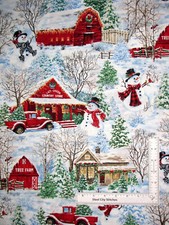 Christmas Snowman Fabric Cottage Barn Scene Cotton Timeless Treasures C8992 Yard