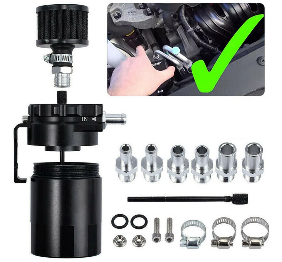 Kit de latas de captura separador de aceite deflector para automóvil pulido de aluminio con filtro respirador Foto 3 de 4