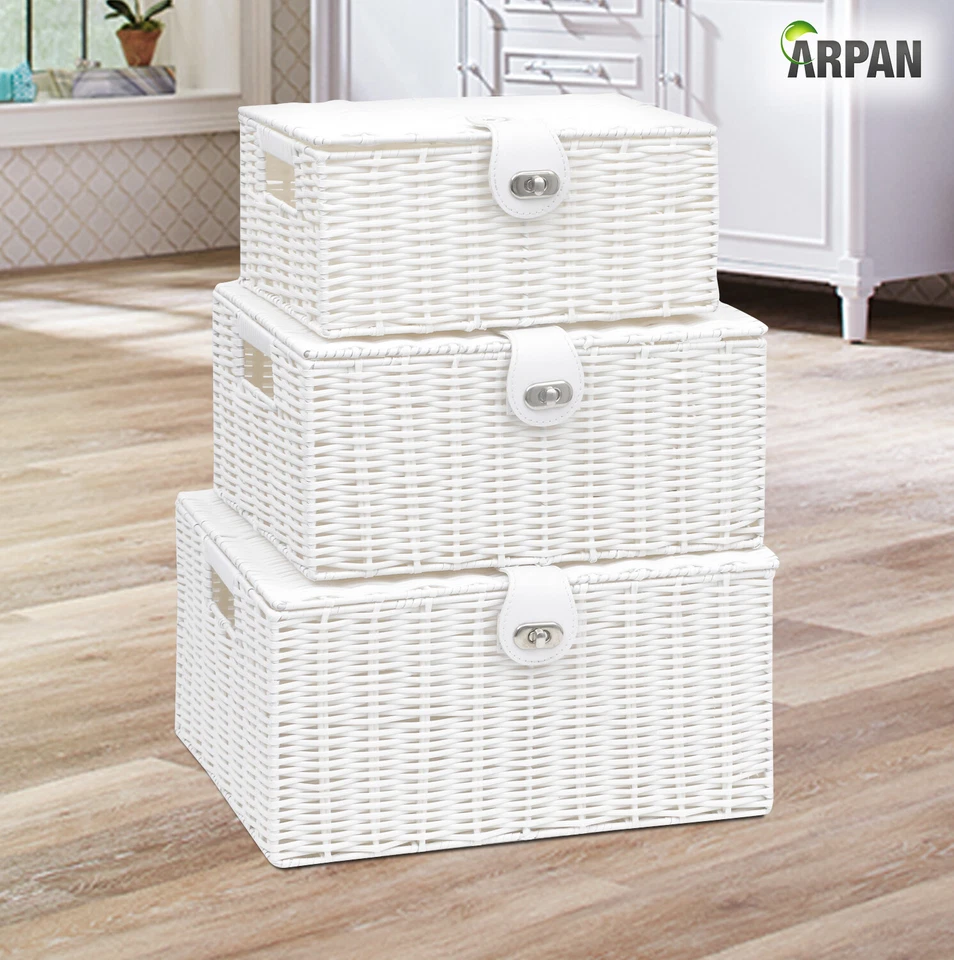 Storage hamper Basket Box Set of 3 White Resin Woven - Image 3 of 4