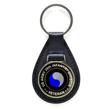 US Army 29th Infantry Division Veteran Black Leather Keychain Silver Keyring