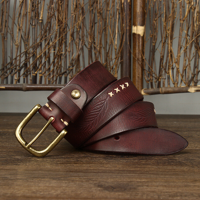 Men Handmade Leather Belt 1.5 Inch Wide Brass Buckle Single  display picture 1