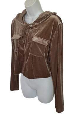 Camellia Women Short Cropped Hoodie Hooded Light Jacket Brown Front Zip  Size L