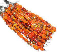 20 Strands Lamp Work Glass Beads, Orange Fancy Beads Mix, Indian Handamade Glass