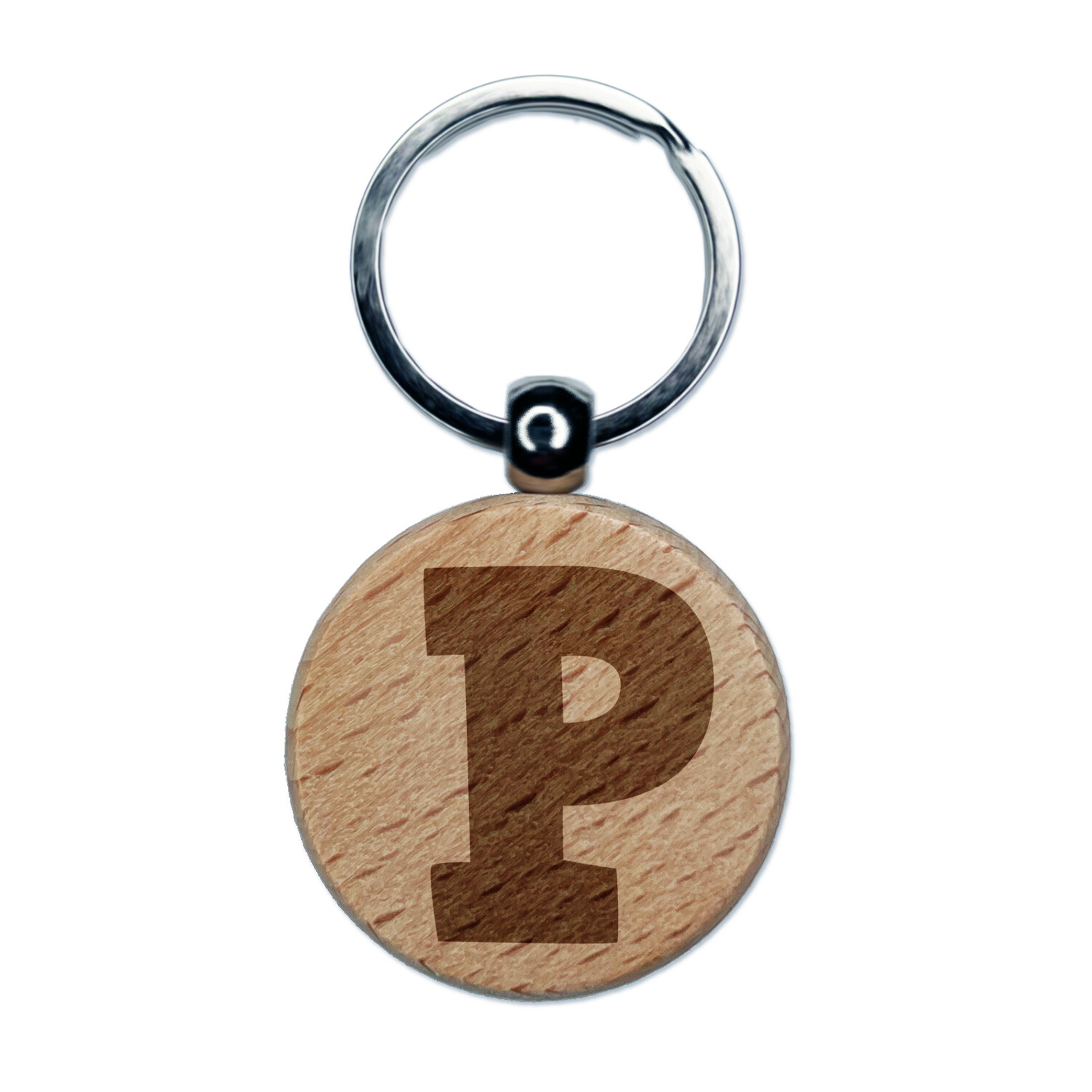 Letter P Uppercase Fun Bold Font Engraved Wood Round Keychain Tag Charm