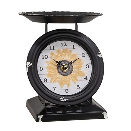 NEW Farmhouse SUNFLOWER SCALE CLOCK BLACK Aged Country Chippy Metal Cottage 7" T
