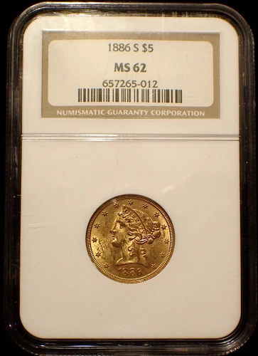 1886-S Liberty Head $5 Gold Half Eagle, Lightly Toned, Older Holder, NGC MS62