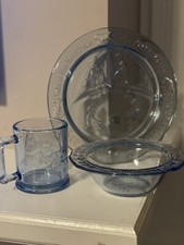 Vintage Baby Childs Set Tiara Blue Glass Nursery Rhyme Plate Mug Bowl M 