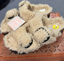 Papillio Fur Trim Buckle Comfort Slide Sandals Beige Women's US 9 EU 40