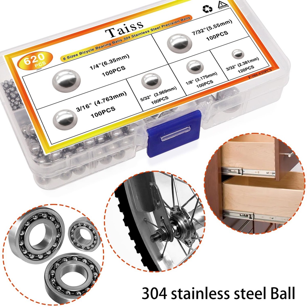 Taiss 620PCS 304 Stainless Steel Precision Balls,Bicycle Bearing