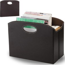 WRINGKIT Leather Magazine File Holder, Foldable Basket with Brown 