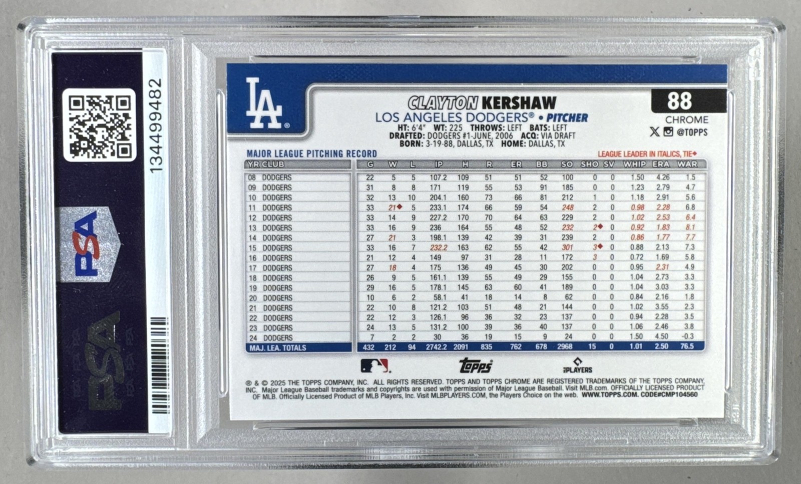 9482 Clayton Kershaw 2025 Topps Chrome #88 Image Variation Refractor SP PSA 9 view 2