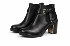 Topshop Leder Ankle Boots Schwarz 36 Spain Vintage Gold Buckle 9 cm Heel