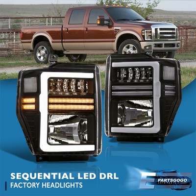 For 08-10 Ford F-250 F-350 Super Duty Black LED DRL Sequential Head Lights Lamps