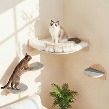 Corner Cat Wall Shelves 3 Wide Steps Wooden Mounted Climbing Perch Plush Pad