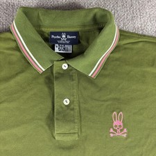 Psycho Bunny Polo Shirt Mens XL Green Pink Trim Skull Bunny Logo Pima Cotton Top
