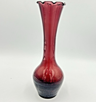 VTG 8'' Purple / Amethyst Crackle Glass Bud Vase | Ruffled Rim Edge | Hand Blown