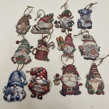 12 Folkart Wooden Gnome Christmas Ornaments With Twine About 3 Inches Set A