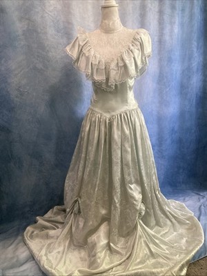 Vintage 80s Gunne Sax Jessica McClintock Mint Green Lace Wedding Formal Dress XS