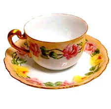 T&V France Limoges Roses Cup and Saucer Tressemann & Vogt Depose