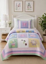 Girls Butterfly Floral Twin Quilt Sham Set Pink Purple Blue Cottage Bedding